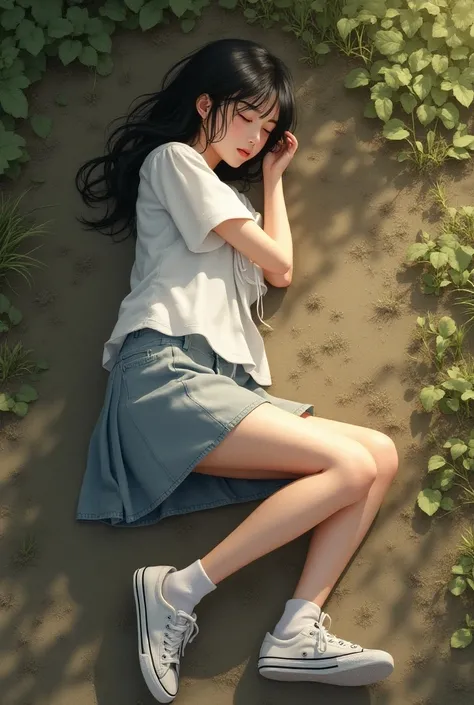 A realistic woman sleeping outside floor in sneakers and white stocking with a shirt and 
short skirt 