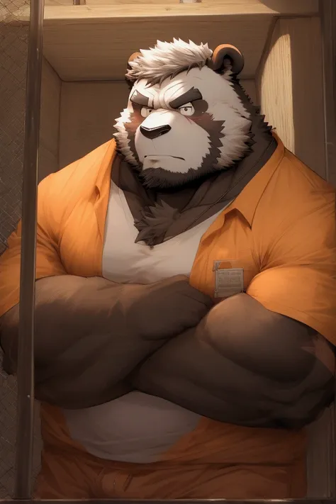 Furry, panda, man, muscular, short beard, short hair, slash scar on eye, prisoner, criminal, inmate, orange prisoner clothes, crotch bulge, prison cell, looking intimidating, looking grumpy, high resolution, high quality