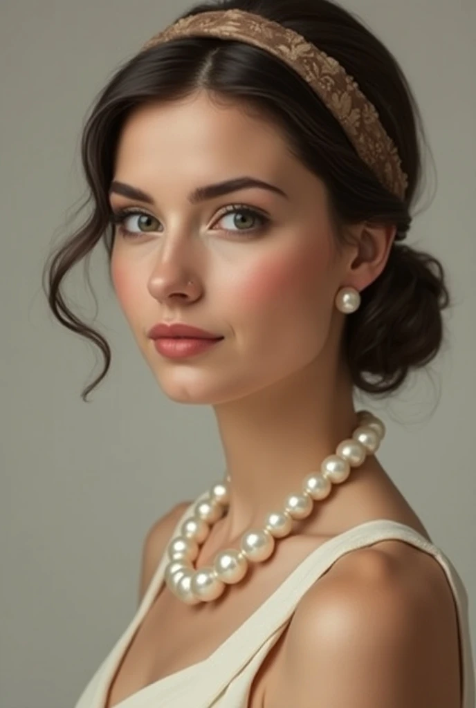  Elegant 35 year old woman, pearl necklace ,  velvet headband 