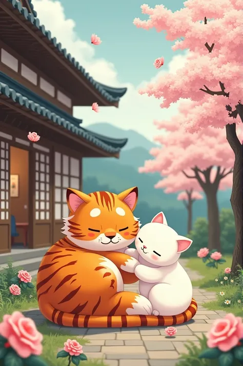  Create a Japanese-style background , Chinese,  a scenario of having a Japanese house , open,  with an orange tiger and a white kitten on top of the tiger, And its cloudy ,  and on the side of the house there are several cherry trees ,  light roses ,  fall...