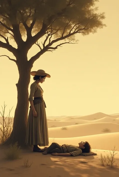 I want the image of an old-fashioned woman in the desert and a boy lying under a tree 