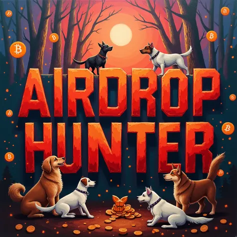  A community ,, AIRDROP HUNTER ,, text  painting together . Red And black , Name , AIRDROP HUNTER In big letters , Bitcoin ethereum dogs dropped in background 