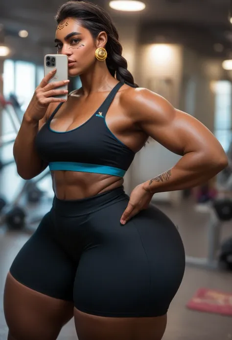 A 35mm photorealistic bokeh shot of Illari, a huge musclwoman, black braided hair Latina, wearing a black sports bra and grey yoga leggings, selfie showing off butt and fit waist, smiling Instagram girl, gold Aztec face tattoo and earrings, (gigantic thigh...