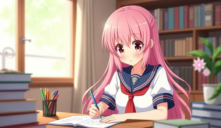  An anime girl studying with long pink hair,  smiling, with a school uniform, in the style of K-On !