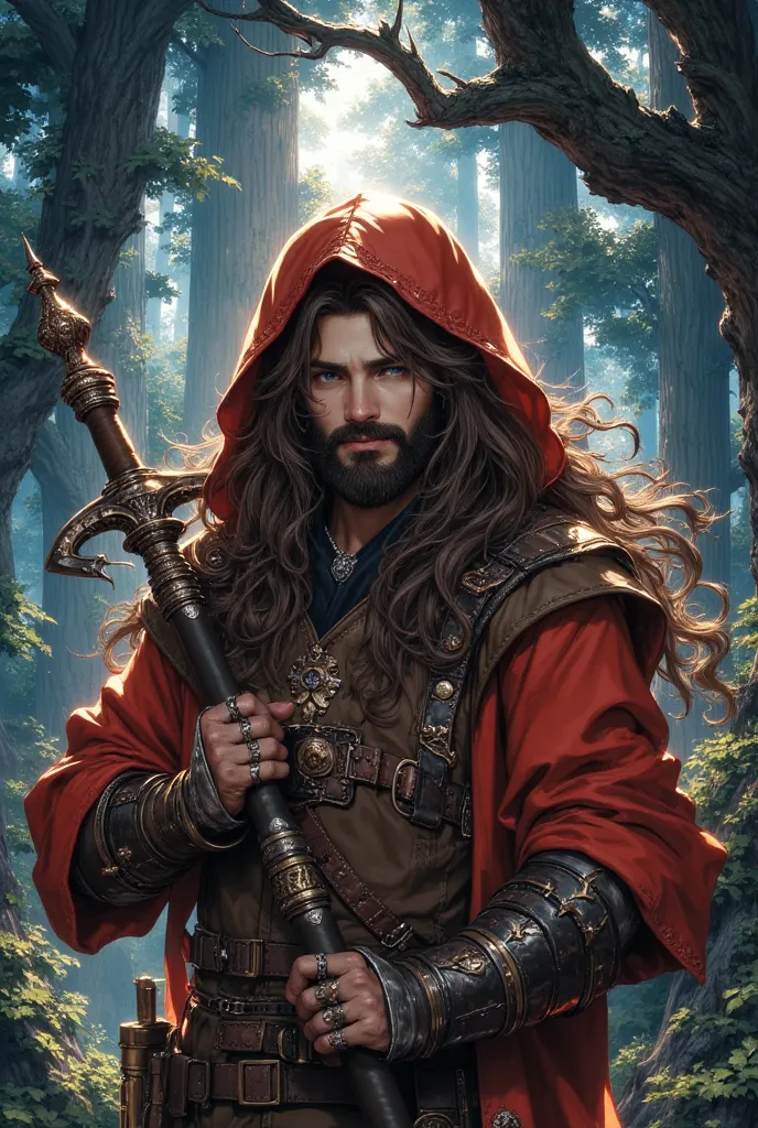 man, long brown hair, bearded, medieval druid hunter, in the middle of a dense forest at night, hooded, medieval style, realisti...