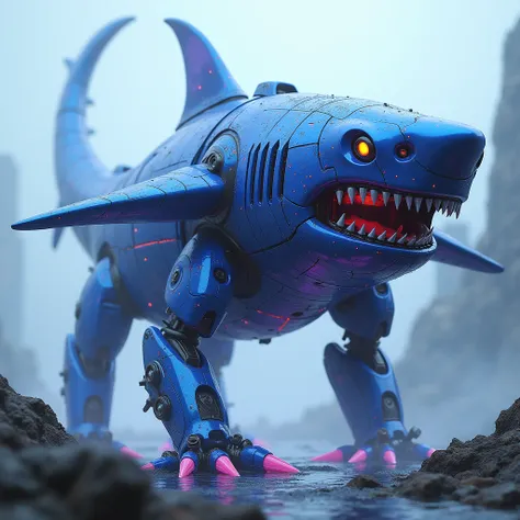    draw a megalord-style robot shark in the shape of an animal, The blue and purple colors   .