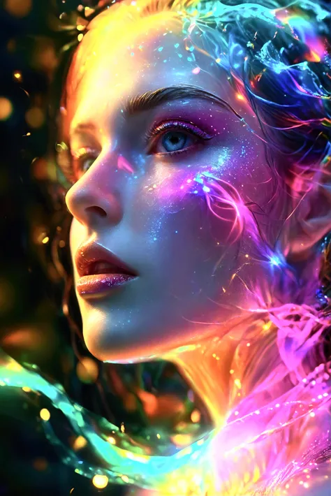 a woman of pure beauty, flowing line of pure energy, rainbow, particles floating in the air,super saturated colors, bright vibrant colors,illumination,sparkle,glitter, darkness contrasted,bright colors glowing,flowing, strange geometry, spirals of light, f...