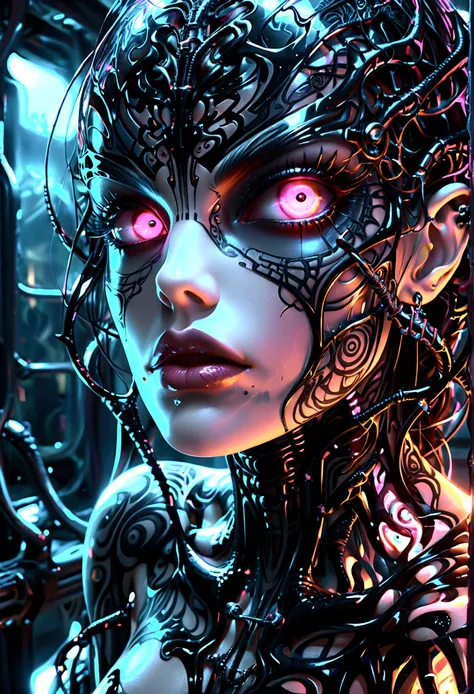 Hr giger tattooed sexy seductive dead girl, perfect face, hyper detailed neon eyes, full body view,