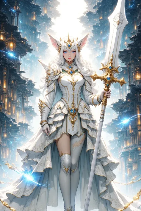 detailed white shining armor, detailed white helmet, detailed large white sword, mystic golden jewels in the armor, cosmic white...