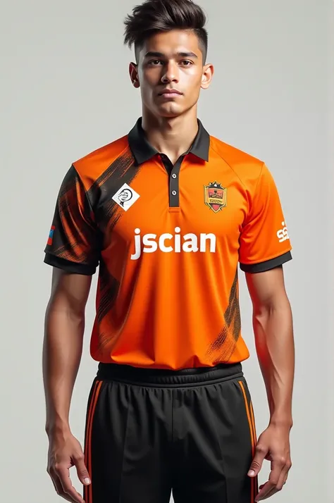 Create an image of a 18 year old boy wearing of "orange" cricket shirt.create design of lines on the shirt.A black trouser with "orange" line with now word written on it.The shirt with a word "JSCIAN" written in middle.Add a picture of "Diamond"  with unde...