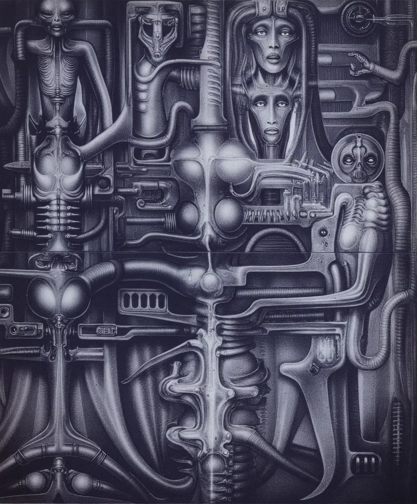 hrggr, the image is a detailed view of h.r. giger's biomechanical tableau \" landscape no 312 \" plate, featuring a complex, int...