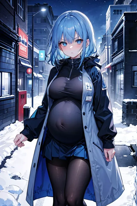 4k,high resolution, 1girl, blue hair, medium hair, blue eyes, breasts, night, snowy scene, dark coat, blue jacket, black legging...