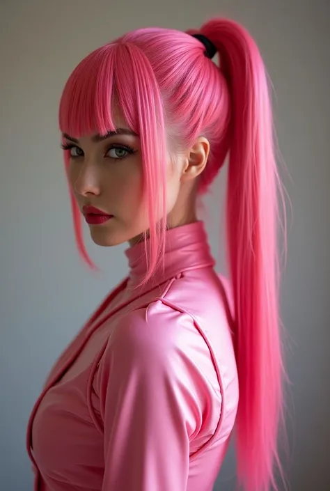 Latex Costume Young Japanese Woman Fuchsia Hair Pink High Definition Ponytail