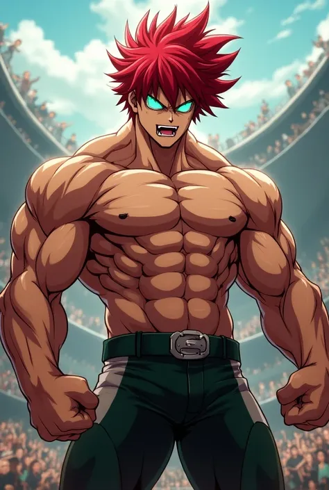 Make a My Hero Academia anime style, muscular male wrestler with crimson red hair and turquoise eyes.