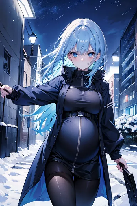 4k,high resolution, 1 girl, blue hair, medium hair, blue eyes, breasts, night, snowy scene, dark coat, blue jacket, black leggin...