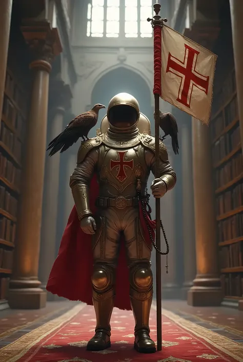 Generate a logo of an astronaut with Templar motifs on his suit, holding a flag with his right hand that has the Burgundy cross and a large library in the background. and that it has a condor on the left shoulder and an eagle on the astronauts right should...