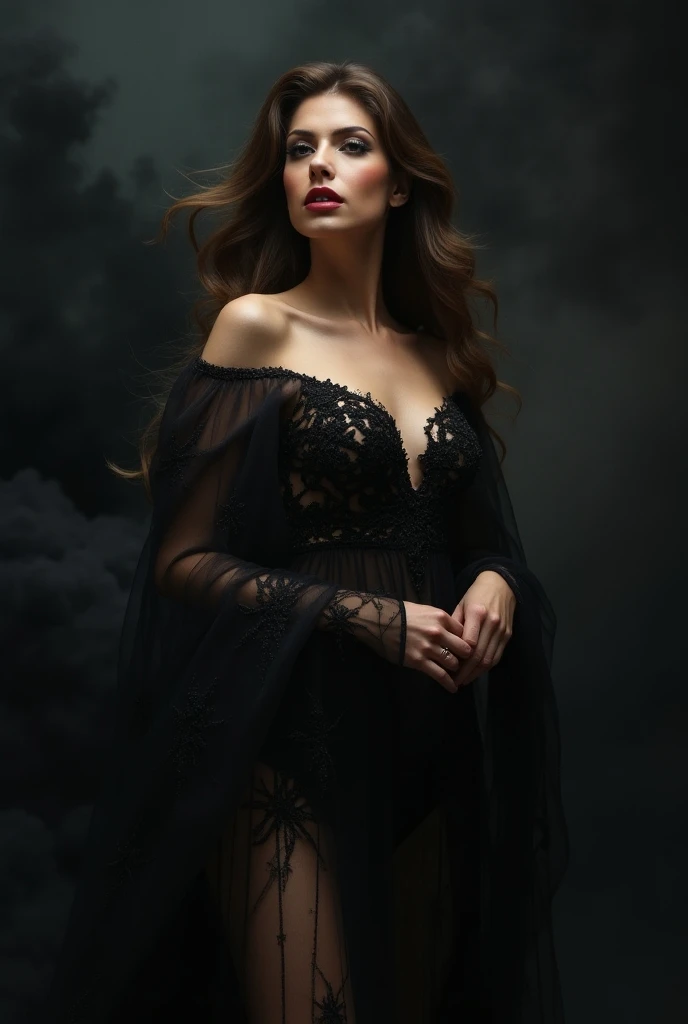  Beautiful Italian woman European imperrealist 8k  . high fashion luxury haute couture Modern Fashion   . Longer hair  ,  extravagant makeup perfect eyes .  Close-fitting dress with long chunks of flamboyant transparent tulle embroidered in black patterns ...