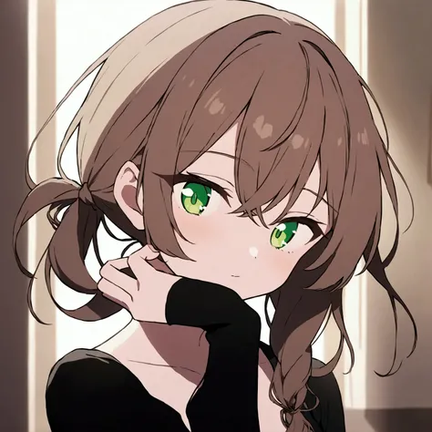 Anime girl - 2D flat - Light brown hair - grey-green eyes - slim and slender figure - tied hair.
