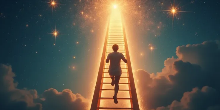  Climbing the Ladder of Success
A person visualizing themselves climbing a glowing ladder, reaching for stars, representing the pursuit of personal and professional goals. Style: Dreamlike with a celestial feel, using bright, shining light to represent amb...