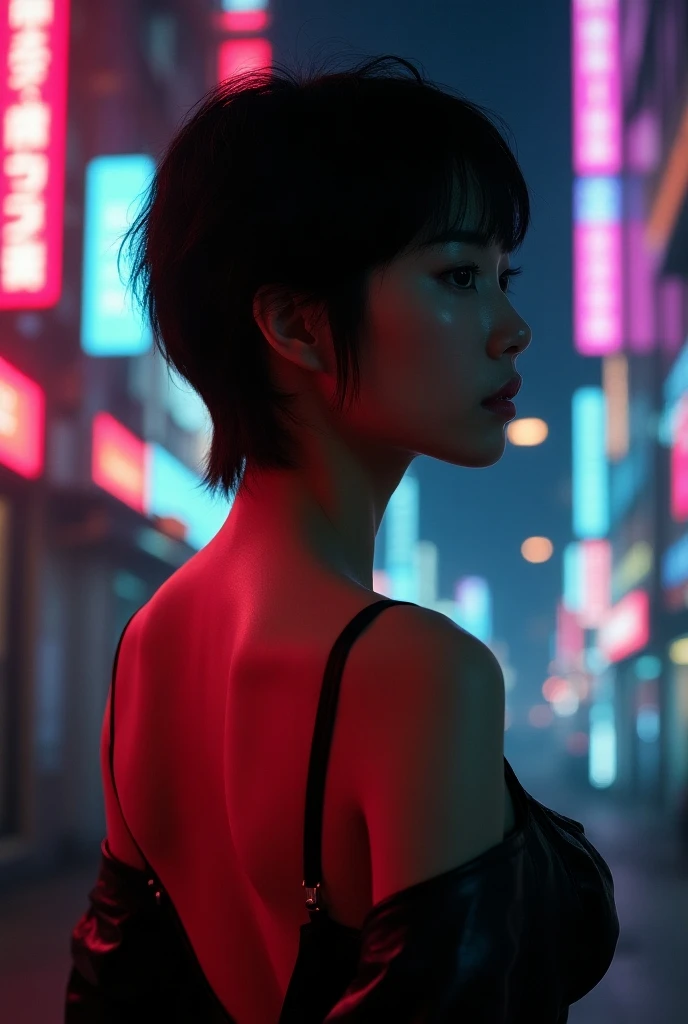 Cinematic photography of a skinny beautiful Korea sensual actress Bae Doona appearing half nudist and dressing sensually in a very very skimpy and very very open tight jumpsuit costume, showing clearly her naked beautiful big breasts with large areola prot...