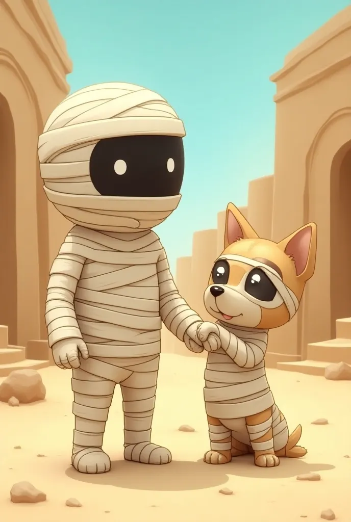 ((２D Manga , 2D,  2D Illustration )), ( a human mummy and a four-legged dog mummy ), ( a mummy man \Full body bandage:1.5,\ sandy beach,\ eye part visible \The face is black\Round eyes,\White Eyes), Notice your feet ,  expression you notice , Full body bandageの可愛い犬,  holding a human mummy's ankle bandage:1.5,  inside of a labyrinth , Egyptian style :1.5,  comical art 