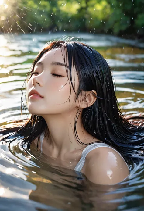 high angle shot, rainy atmosphere. a so beautiful sexy japanese woman is in a clear stream of water that reflects the light gent...