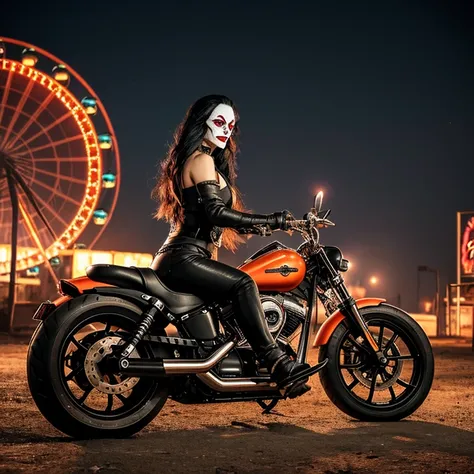 A rawboned woman with long black hair sits on a Harley Davidson, appearing intense and mysterious. She’s dressed in an old, tattered Joker costume, with a large chain wrapped around her neck. Her expression is taciturn, but her aura is fierce. One hand gri...