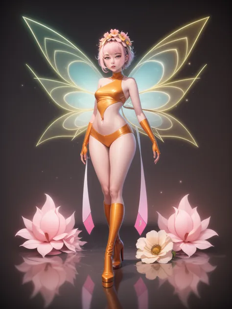 sci-fi cartoons，multiple wings，pink flower fairy mech，high detail，full body portrait