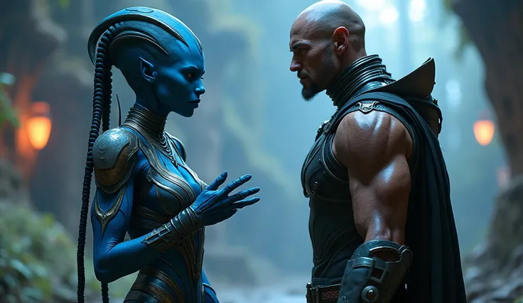 A sexy blue alien girl, highly detailed, intricate armor, muscular man, armor, alien girl instructing man, cinematic, epic, dramatic, chiaroscuro lighting, moody, vibrant colors, hyper detailed, 8K, photorealistic, masterpiece