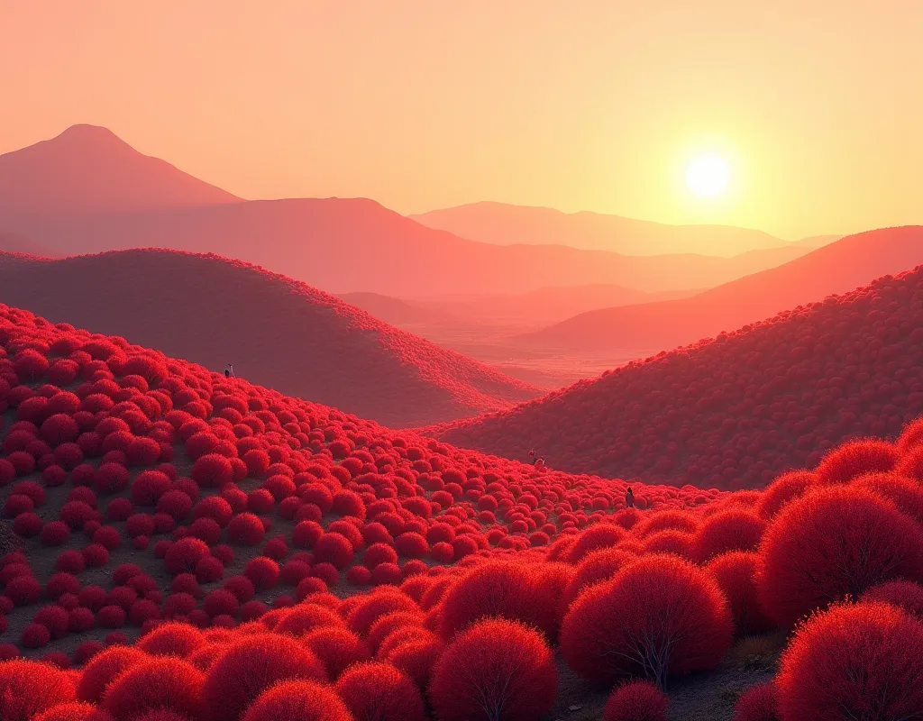 a serene rolling hillside, a park landscape with lush red spherical kochia shrubs planted across the hills, an instagrammable scenic view, small silhouettes of tourists, vast grounds filled with numerous kochia plants, the tourists' shadows cast by the backlit sunset