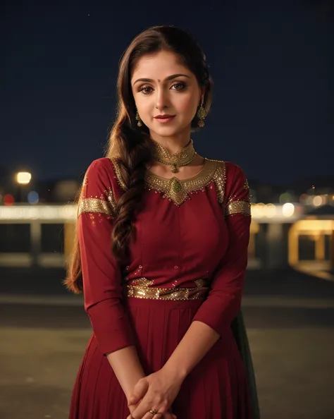 a photo of a 30-year-old woman, smrn, professional portrait photo,high neck anarkali suit, high ponytail,  solo, night time, cit...