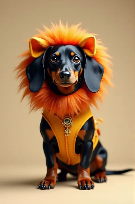 Black sausage dog with lion costume 