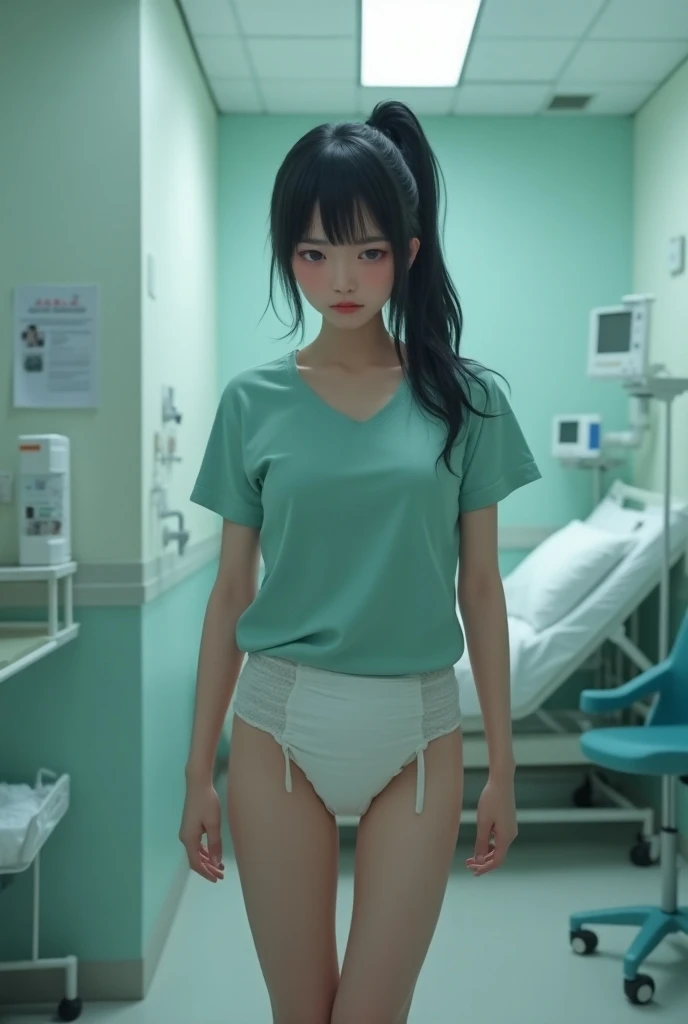 Humiliated Asian woman wearing diapers in a hospital