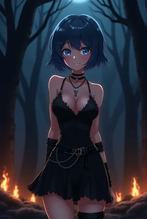 anime,  background of a night forest with burning torches , a beautiful woman,  blushed cheeks , Large chest,  large bright blue eyes ,  fuzzy short hair color blue ,  black Gothic short dress ,  leather necklace with chain ,  black belt with chain with me...