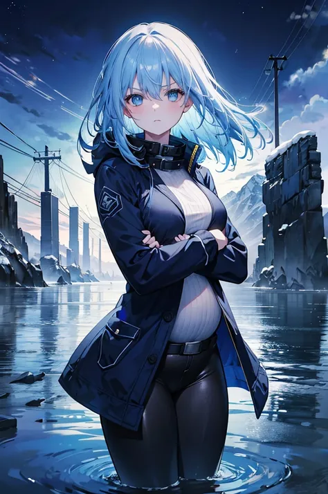 4k,high resolution, 1 girl, blue hair, medium hair, blue eyes, medium breasts, night, snowy river scene, dark coat, blue jacket,...