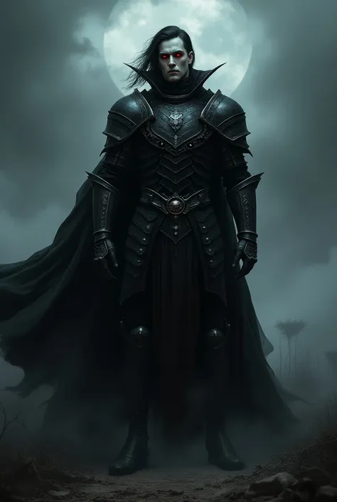 Male vampire, black hair wearing full plate armor RPG Dark fantasy 