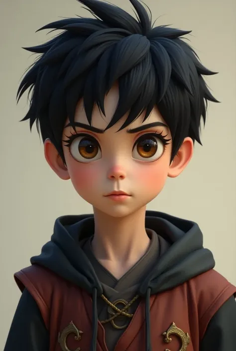 A black haired boy,  brown eyes costume,  looking straight ahead,  short hair 