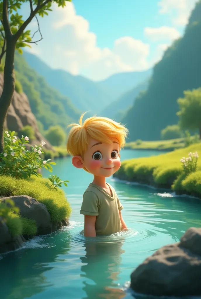 Blond boy in a beautiful place surrounded by rivers and he is happy 