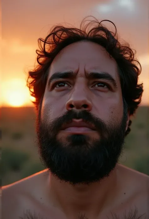  a 39-year-old bearded man who cries out for help, ,    desperation   , in a sunset,    cinematic lighting   ,      dramatic composition     , realistic, photorealistic,   High level of detail  , 8K,    masterpiece   