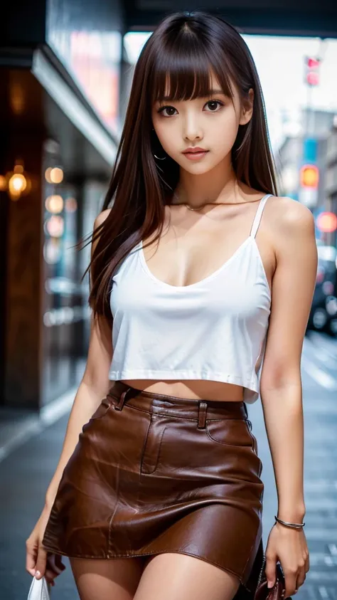 Product quality,  1 girl,  cowboy shot, Front View,  Japanese young and pretty girl , At night,  Please look like ,  wearing mini skirt , Super cute face, Glossy lips, Double eyelids on both eyes, ( natural makeup ),  Wears long shiny, smooth light brown h...