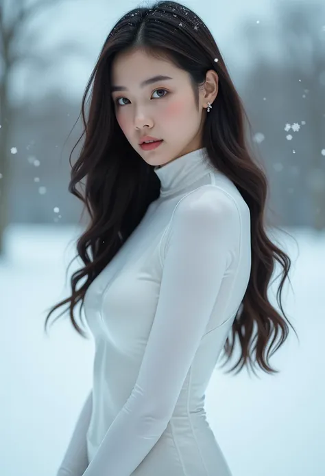 , 8K,  Highly detailed face and skin texture ,long haired asian girl wearing white latex clothes in the snow,  and look at the audience,Clarify the focus