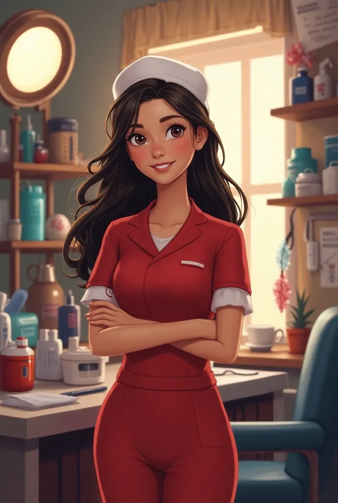 Disney's-style girl ",  is a girl with long dark brown hair,red cosmetologist's uniform,white cap, around cosmetology utensils.such as stretcher ,ring light, appliances and face masks  