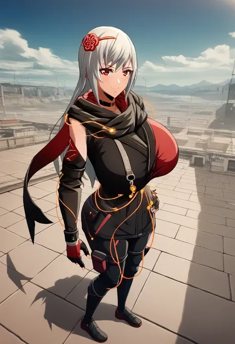 score_9, score_8_above, score_7_above, source_animated, BREAK 1girl,  looking at the viewer , smile,  hand on hip, DefKasane , long hair,  hair ornament , choker, black jacket, Gigantic breasts gigantic black scarf , red cape,  Separate sleeves , cables, r...