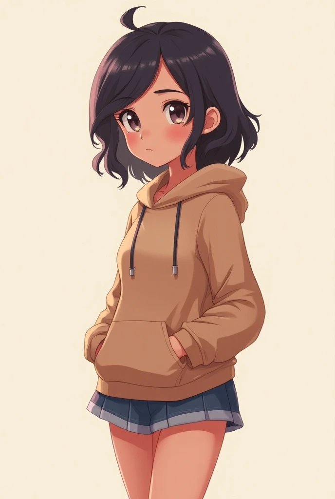 An animated high school girl character wearing a hoodie and a short skirt looks bewitching
