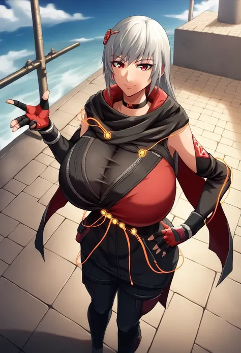 score_9, score_8_above, score_7_above, source_animated, BREAK 1girl,  looking at the viewer , smile,  hand on hip, DefKasane , long hair,  hair ornament , choker, black jacket, Gigantic breasts gigantic black scarf , red cape,  Separate sleeves , cables, r...