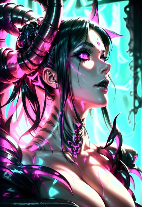 Create an image of Stunningly gorgeous beautiful perfect hr giger tattooed sexy seductive demonic girl, Stunningly gorgeous perfect flawless sexy face, hyper detailed neon ruby, large firm breasts, full body view, nude,