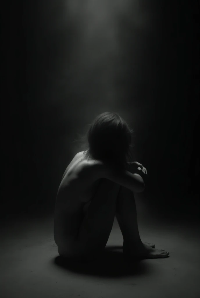  professional photograph .  In a dark room you can see a woman sitting on the floor embracing herself with her own arms,  can be seen only as a shadow .  It feels as if it were disintegrating and evaporating in the form of a faint white vapor. Black predom...