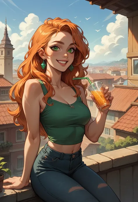 perfect face,   perfect hands . An orange-haired woman with green eyes and an hourglass figure in a conservative cowgirl costume is drinking on the roof of an old western city with a big smile.