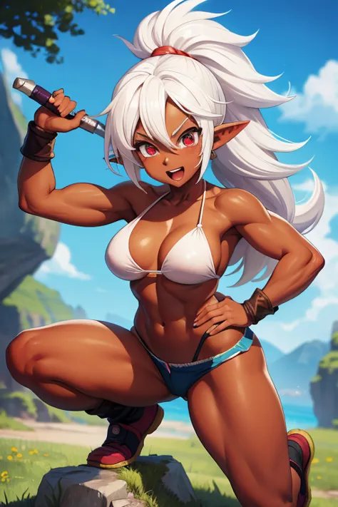 gorgeous gnome girl, pointy ears, dragon ball style, happy go lucky expression, excited, wild white hair, vibrant red eyes, dark skin, athletic, action pose, barbarian girl, short shorts, micro bikini top,tomboy, cute and adorable, kawaii, muscled abdomen, muscled biceps, happy expression, anime style, masterpiece, ultra definition. 