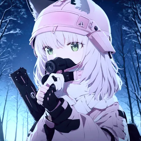 1girl, white short hair with soft pink tint, soft green eyes, pink tactical topwear, pink tactical underwear, white fingerless gloves, black boots, fox girl, winter forest surroundings, night sky, large rectangular mechanical shield on hand, pink helmet